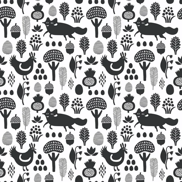 Fox and rooster seamless pattern with plant elements. Vector ill — Stock Vector