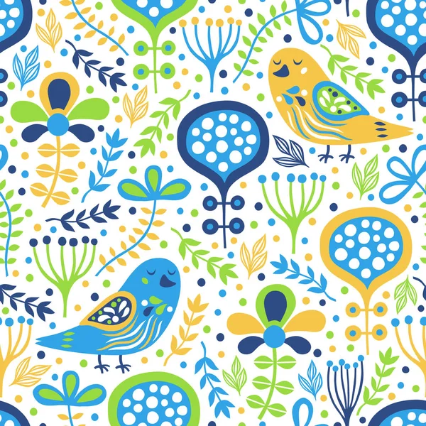 Bird seamless pattern with abstract flowers and plant. Vector il — Stock Vector