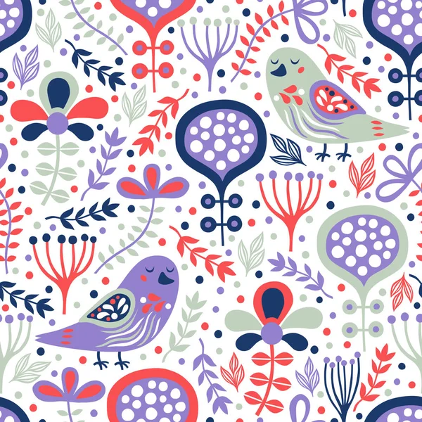 Bird seamless pattern with abstract flowers and plant. Vector il — Stock Vector