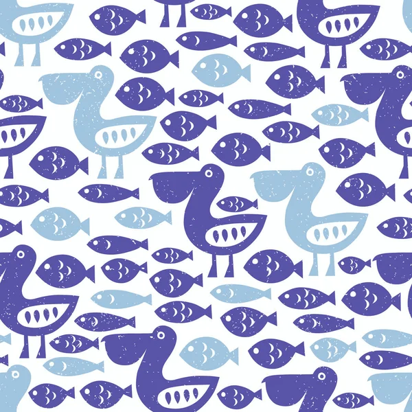 Pelican and fish seamless pattern. Surface decoration for kid de — Stock Vector