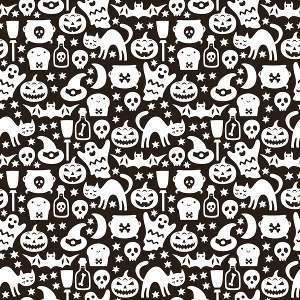 Halloween seamless pattern with cat, pumpkin, bat, ghost, skull — Stock Vector