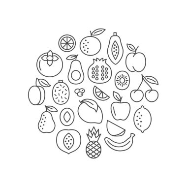 Meyve çemberi afişi. Düz çizgi simgeleri. Elmalı, muzlu, kayısılı, kirazlı, portakallı, limonlu, armutlu, mangolu. Vektör illüstrasyonu. 