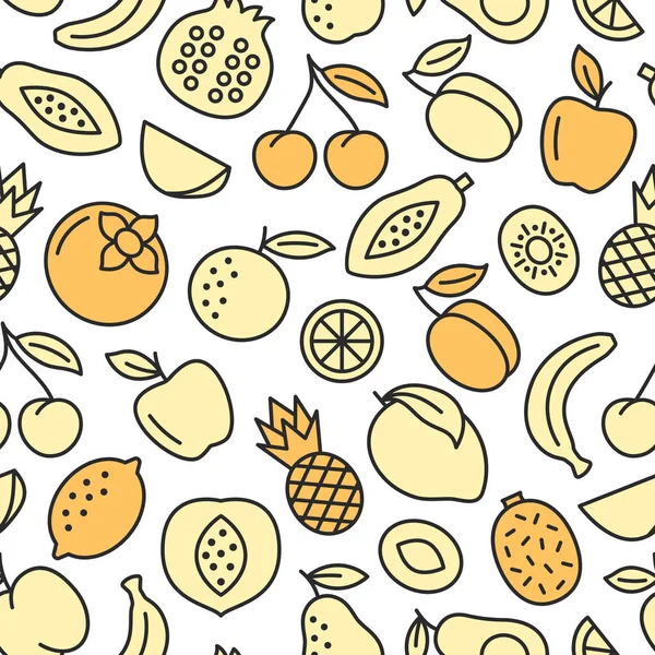 Ovocné Bezešvé Pozadí Lineární Vzor Jablkem Banánem Meruňkou Třešní Pomerančem — Stockový vektor