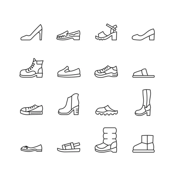 Conjunto Iconos Línea Zapatos Mujer Bota Sandalia Mocasín Zapatilla Señal — Vector de stock