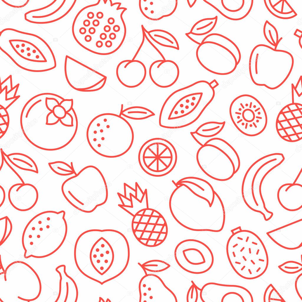 Fruit seamless background. Linear pattern with apple, banana, apricot, cherry, orange, lemon, pear. Vegetarian food icon texture. Vector illustration.