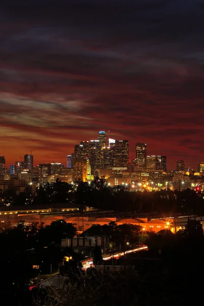Ognisty Zachód Słońca Centrum Los Angeles Kalifornia Południowa — Zdjęcie stockowe