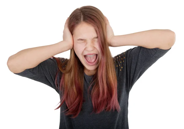 Dívka Uzavření Uši Rukama Křičí Izolované Bílém — Stock fotografie