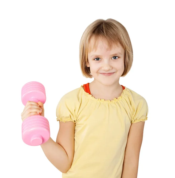 Niña Con Mancuerna Aislada Blanco — Foto de Stock