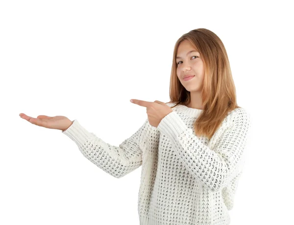 Girl Showing Something Palm Her Hand — Stock Photo, Image