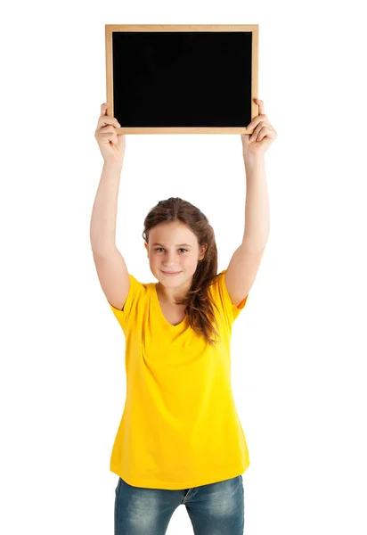 Jeune Fille Tenant Tableau Blanc Isolé Sur Blanc — Photo