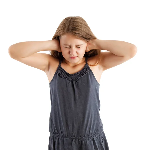 Menina Fechando Ouvidos Com Mãos Isolado Branco — Fotografia de Stock