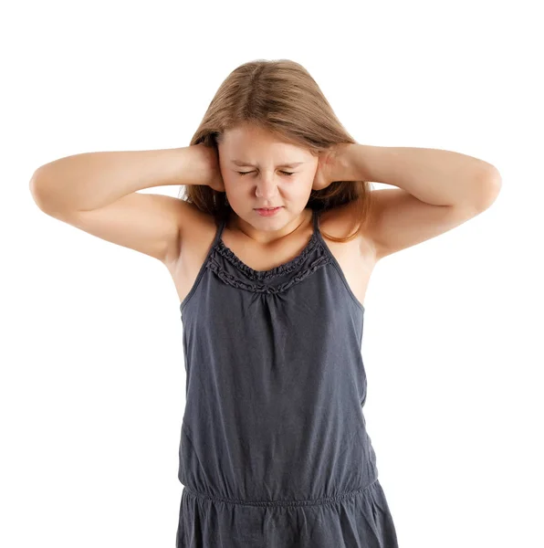 Ragazza Che Chiude Orecchie Con Mani Isolata Bianco — Foto Stock