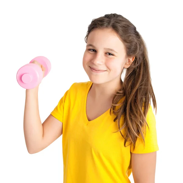 Jeune Fille Avec Haltère Isolé Sur Blanc — Photo