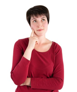 güzel bir genç kadın düşünme, beyaz zemin üzerine izole