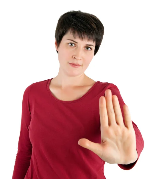 Mujer Joven Haciendo Gesto Stop Aislado Sobre Fondo Blanco — Foto de Stock