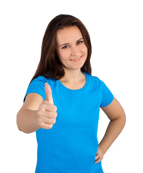 Mujer Feliz Mostrando Pulgar Hacia Arriba Aislado Blanco —  Fotos de Stock