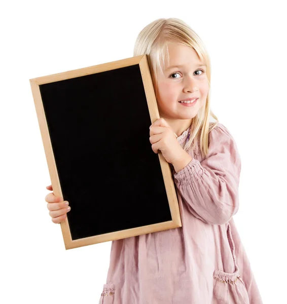 Mladá Dívka Držící Prázdné Desky Izolované Bílém — Stock fotografie