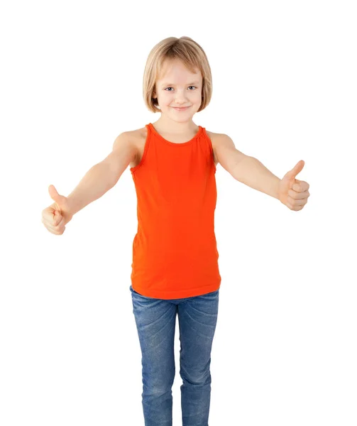 Girl Showing Thumbs Isolated White — Stock Photo, Image