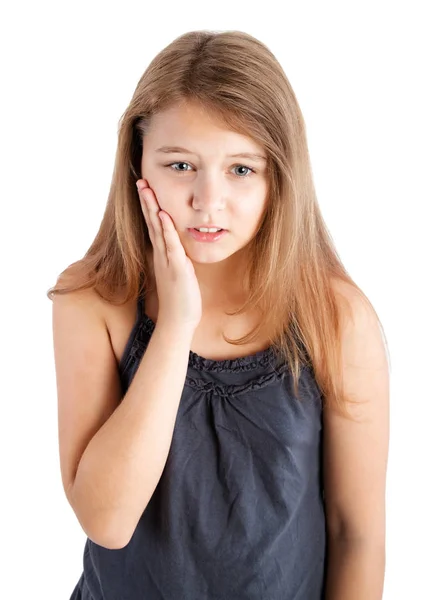 年轻的女孩与牙痛在白色背景 — 图库照片