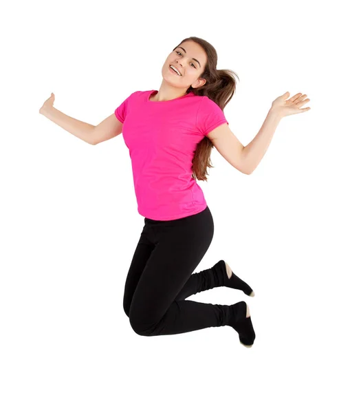 Dospívající Dívka Která Skočila Izolované Bílém Pozadí — Stock fotografie
