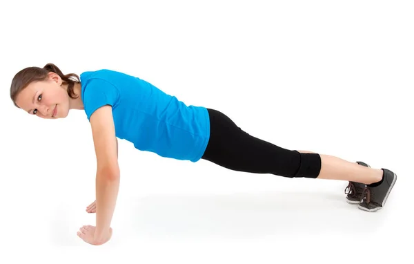 Mujer Haciendo Flexiones Aisladas Blanco — Foto de Stock