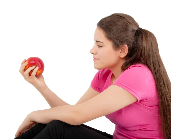 Attraktiv Tonåring Tjej Håller Ett Äpple Handen — Stockfoto