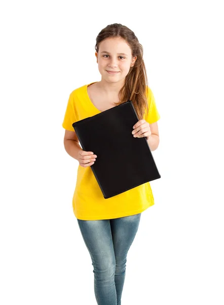 School Meisje Met Een Zwarte Map Geïsoleerd Wit — Stockfoto