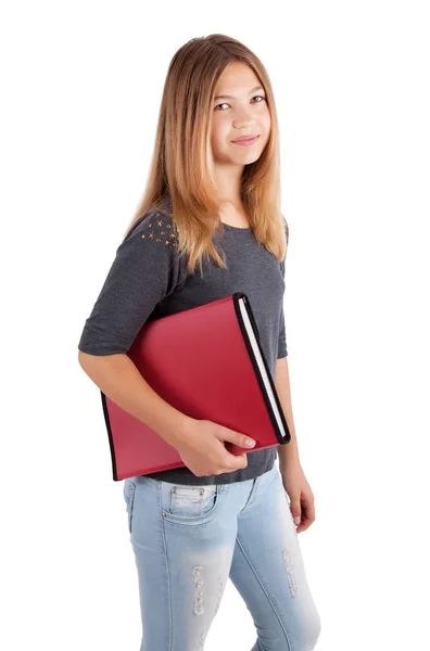 白で隔離赤いフォルダーで学校の女の子 — ストック写真