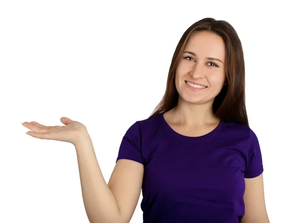 Woman Showing Something Palm Her Hand — Stock Photo, Image
