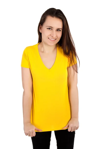 Jeune Femme Posant Avec Shirt Blanc Jaune Isolé Sur Blanc — Photo