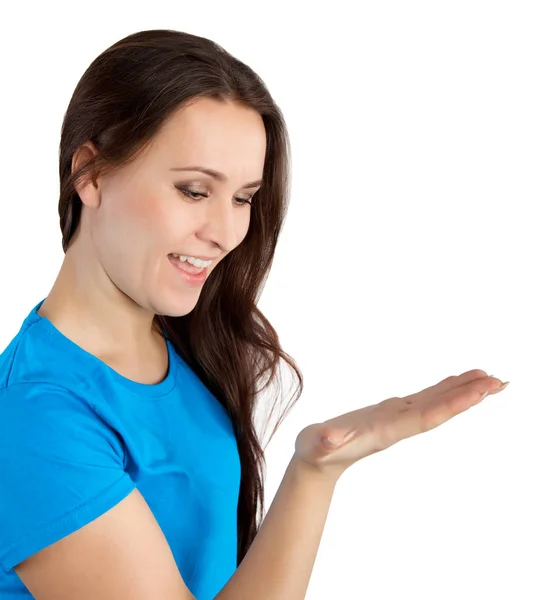 Mulher Mostrando Algo Palma Mão — Fotografia de Stock