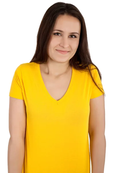 Ung Kvinna Poserar Med Tom Gul Shirt Isolerad Vit — Stockfoto
