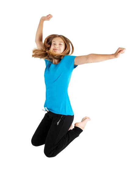 Kleines Mädchen Springt Isoliert Weiß — Stockfoto