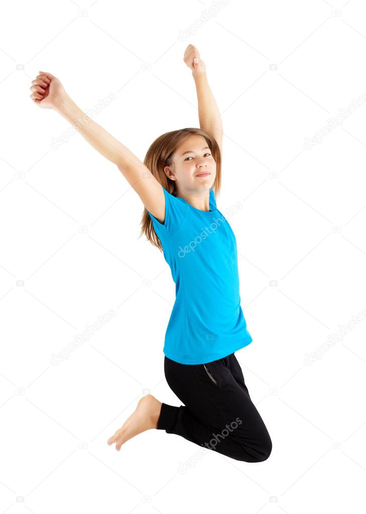 teenage girl jumping isolated in white