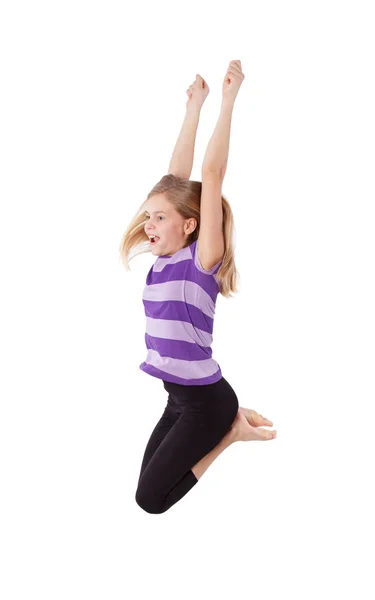 Счастливая Девушка Прыгает Белом — стоковое фото