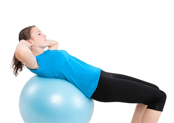 Exercices Fitness Avec Boule Bleue Isolée Sur Blanc — Photo