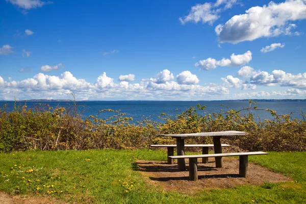 Mooie Kustlijn Met Picknicktafel Bankjes Een Zonnige Zomerdag Stockafbeelding