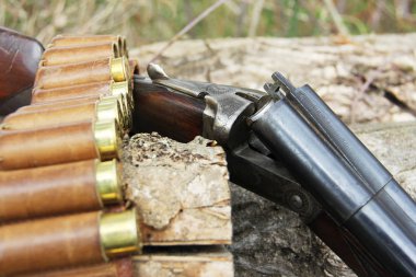 vintage bir av tüfeği ve bir kemer mermi, açık havada kapat