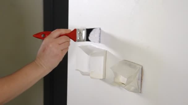 Young Woman Painting Wall Brush White Paint — Stock Video