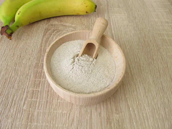 Banana Flour Green Bananas Wooden Bowl — Stock Photo, Image