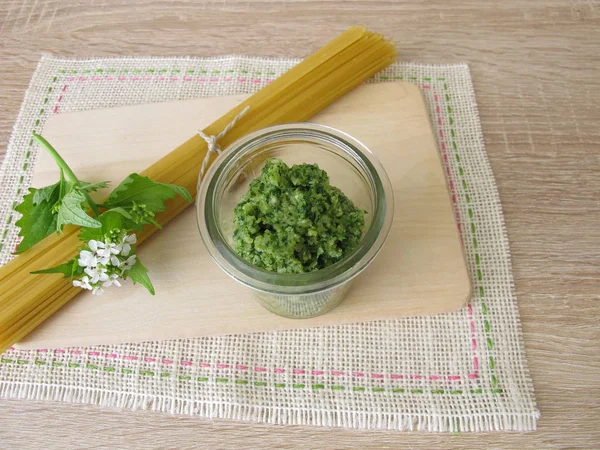 Pesto Mostarda Alho Caseiro Macarrão — Fotografia de Stock