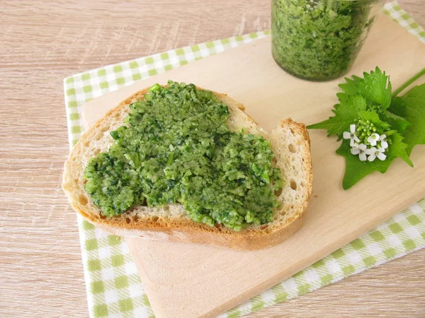 Pesto Moutarde Ail Fait Maison Sur Baguette — Photo