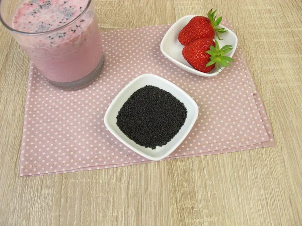 Strawberry Milk Shake Superfood Basil Seeds — Stock Photo, Image