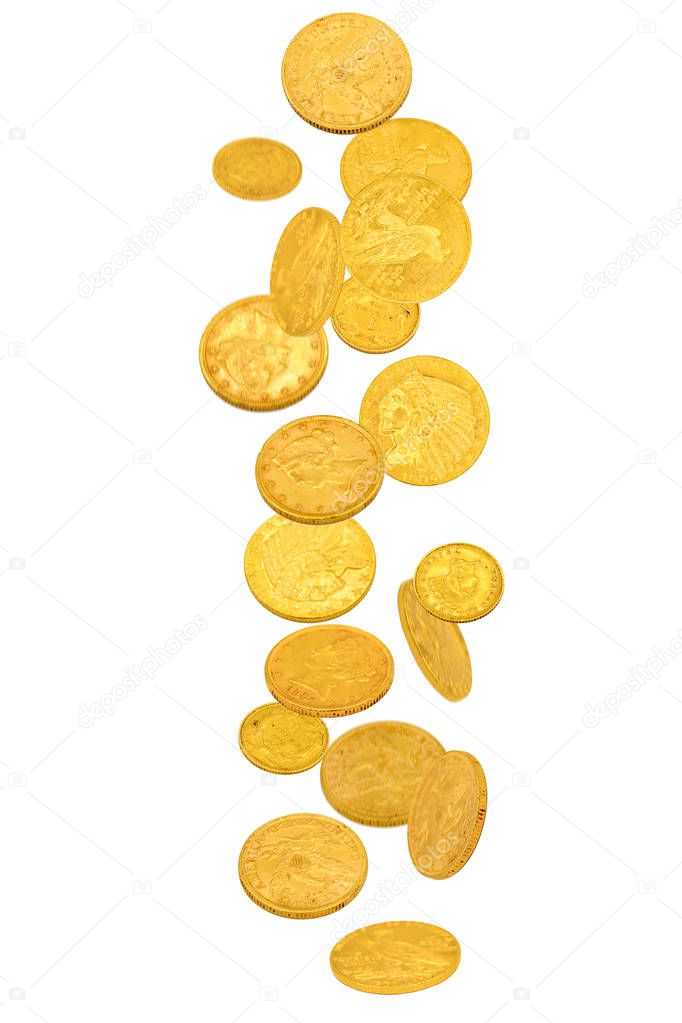 Falling old gold dollar coins isolated on white background