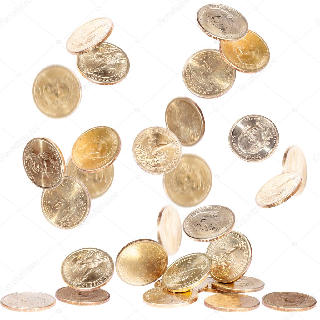 Falling american one dollar coins isolated on white 