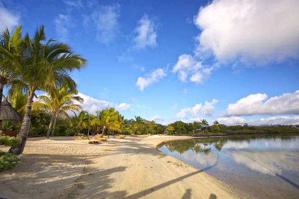 Playa Tropical Arena Blanca Con Tumbonas Isla Mauricio — Foto de Stock