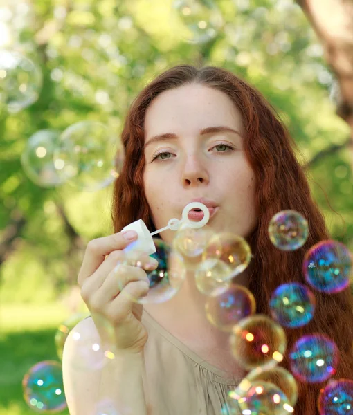 Woman Red Hair Park Soap Bubbles — Stock Photo, Image