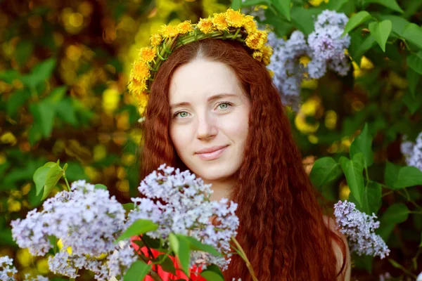 Beautiful Red Haired Woman Blooming Lilac Blurred Background — Stock Photo, Image