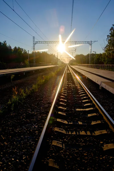 Ferrovia Indo Para Distância Sol Nascente — Fotografia de Stock