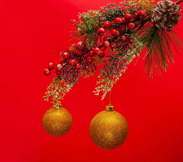 Vánoční Koule Větve Plody Červeném Pozadí — Stock fotografie
